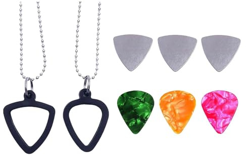 KIXZSAZ Plektrum Anhänger mit Aufbewahrungsmöglichkeit für Gitarrenplektren. Inklusive zwei stabiler Ketten und farbenfrohen Plektren.