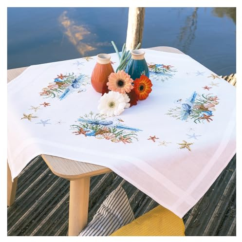 Vervaco Kreuzstich Stickpackungen Tischdecke MEERESBRISE Stickdecken Vorgezeichnet Basteln Erwachsene Kreativ Set Vorgedruckte Decke Sticken 80 x 80 cm Stickset DIY Sticken Set