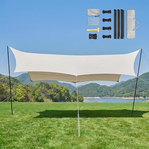 Vela Ombreggiante Impermeabile, Tende Da Campeggio E Tarp Esterno 440x450cm Copertura Sole Portatile Con Pali, Protezione UV Antivento Per Spiaggia E Giardino(Green,560x440cm)