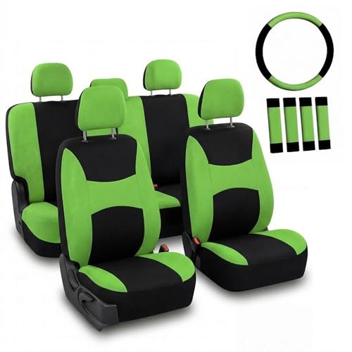 Automotive Seat Covers Green Universal Fit Combo Set with Steering Wheel Cover and Seat Belt Pad fits most Cars, SUVs, and Trucks (Airbag Compatible and Split Bench) FH Group FB030GREEN-COMBO