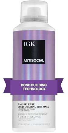 IGK Antisocial Leave-In Repair Dry Hair Mask, Overnight Bond-Building Treatment for Damaged Hair, No-Rinse Spray Smooths Frizz + Adds Shine, Vegan + Color-Safe, 5 fl oz