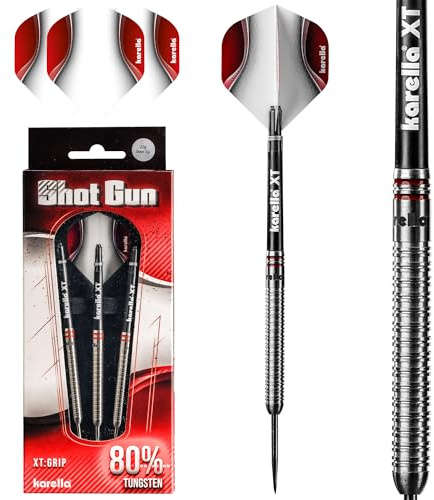 Karella Shotgun 80% Tungsten Steeldart, 22g, 24g, für Klassische Dartscheibe, 3 Dartpfeile mit Metallspitze, Dartboard, Wolfram, Profidart mit Flight und Shaft