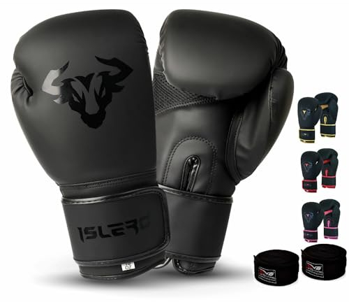 Islero EVO Fitness Matte Black Boxing Gloves Men Punch Bag Women Pink MMA Muay Thai Martial Arts Kick Boxing Sparring Training Fighting Gloves With Hand Wraps (10 OZ, Black)