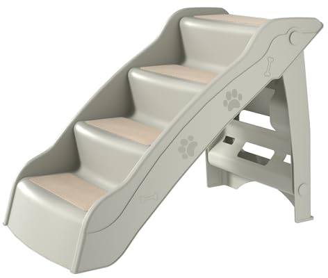 XMTECH Hundetreppe Haustiertreppe 4 Stufen mit Teppichboden,Hunderampe klappbar,Kunststoff Katzentreppe faltbar, Tragbar Tiertreppe für Hunde und Katzen, Tierrampe zum Klettern und Kratzen, Grau