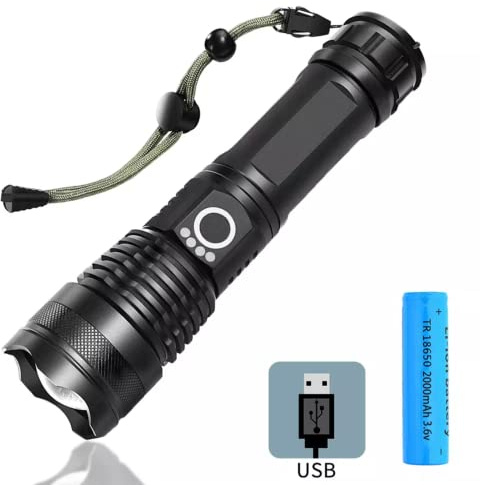 JJ Orchard Torcia tattica ricaricabile da 10000 lumen, torcia luminosa con 5 modalità, impermeabile, zoomabile, XHP50 LED per escursionismo, caccia, campeggio, emergenza, sport all'aria aperta