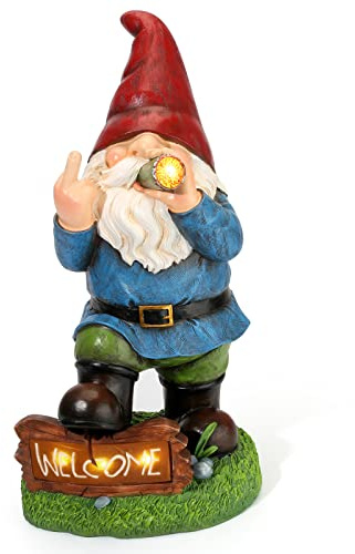 Solar Garden Gnome Statue, 13.5 Tall Funny Outdoor Decor with LED Lights | 13.5 Resin Naughty Gnome with Hand-Painted Details, Solar Powered LED Lights Illuminate Garden, Yard & Patio Decor