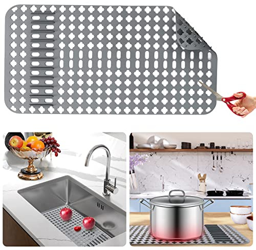 Kitchen Mat, Protectors for Sink 25x13 Non-Slip Folding Grates for Bottom of Farmhouse Stainless Steel Porcelain Sink, DIY Silicone Can Be Cut to Any Size Grey-1 PCS