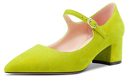 Aachcol Mujer Pumps Mary Jane Puntiaguada Punta Correa Tobillo Chunky Ancho Medio Bajos Heel Dress Zapatos Ante de Boda de Compras Verde Lima 5 CM 39 EU