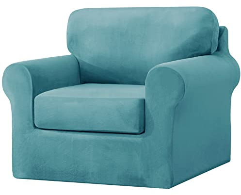 Topchances Sesselhussen 1-Sitzer 3-teiliges Set - Superweicher Stretch-Samt Sessel Sofa Schonbezüge Stuhlbezug mit separatem 1 Rückenlehnenbezug und 1 Sitzkissenbezug für Wohnzimmer (Blau Grün)