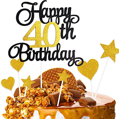 ZHIHUI Cake Decoration, 7-Pieces Personalised Happy 40 Years Birthday Cake Toppers for Boy Girl Kids Happy Birthday Sign for Cake, Glitter Cupcake Topper 40th Birthday Party Supplies (Black & Golden)