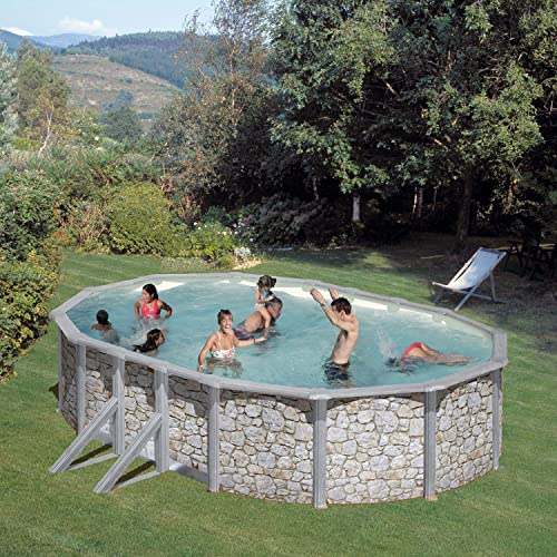 Paradies Pool® Gre Giant oval 375x610x132cm (Ø x H), Stahlwandbecken Stein, Poolplane in blau 0,4mm, Handlauf extra breit, inkl. Skimmer-Set und Leiter, Swimmingpool, Menge: 1 Stück