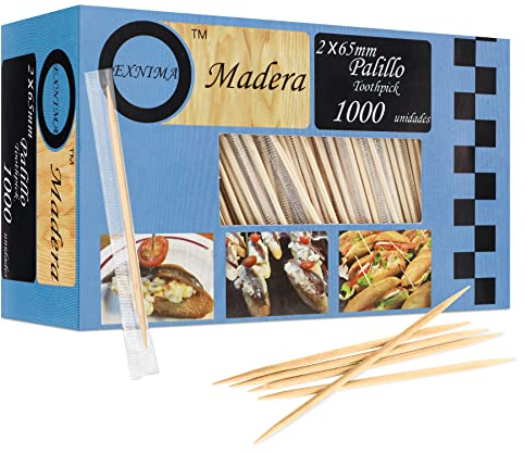 EXNIMA, Palillos de Madera Redondos con Protección de Plástico, Pack 1000, 2000, 4000 o 6000, Palillos de Dientes Higiénicos, 6.5cm Largo, Pincho de Aperitivos o Manualidades, en Bolsa de Plástico.