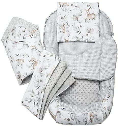 Medi Partners Babynest Nestchen Baby Set für Neugeborene - 100x60x15 Kuschelnest 5 teilig tragbar Nest zweiseitig Babynestchen Bett 100% Baumwolle (Hirsch in Blättern mit Grau Minky)