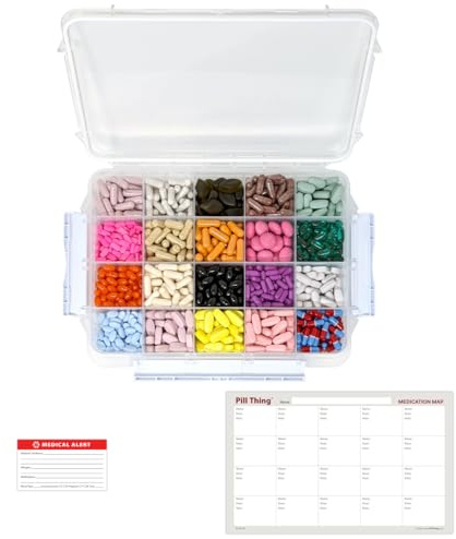 20 Compartment Large Pill Case with Airtight Seal - Silicone Gasket Waterproof Med Box with Medication Map (Clear, 1 Pack)