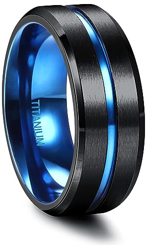 FIOROYAL Anillo de Titanio 8MM Hombre Negro para Compromiso, Anillos Pareja Azul Talla 14-30