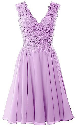 Beyonddress Robe de soirée élégante en mousseline de soie pour femme - Courte - Dentelle - Col en V - Robe de, lilas, 40