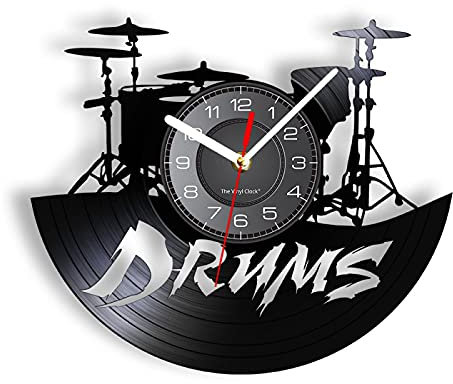 OTKU Pendule Murale Silencieuse 30cm Batterie électrique, Bande d'œuvres d'art, Horloge Murale Vintage, décor de Performance Musicale, Ensemble de Batterie, Montre Rock and Roll, Cadeau de Batteur
