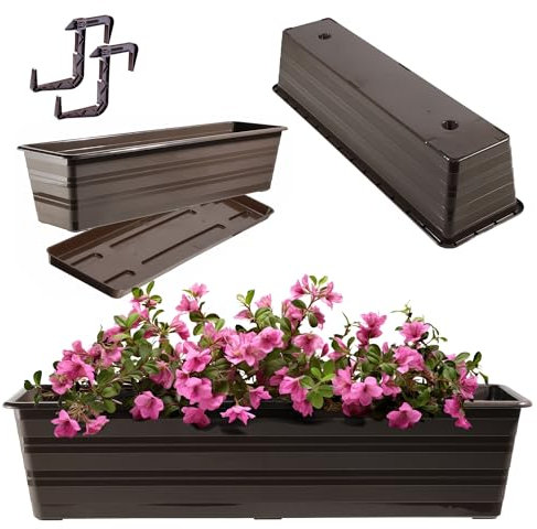 KADAX Jardinera de 60 cm con posavasos y 2 asas, color marrón, maceta de balcón de plástico, resistente a la intemperie, maceta, maceta, barandilla para flores, hierbas
