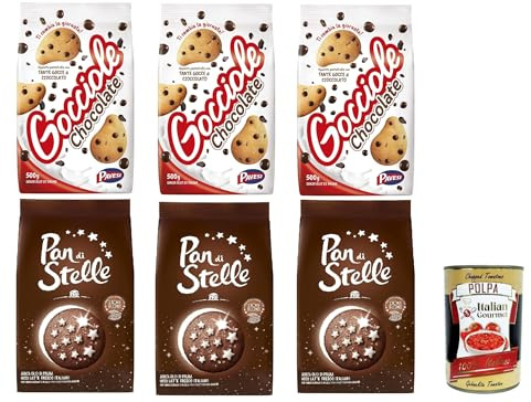 Italian Gourmet Testpaket Gocciole di Stelle biscotti Kekse, 6 x 1 Stück | Assortimento dolce italiano con cookies, brioche e merende; ideal zum, Gesamtnettogewicht 6 Stück + Kostenlos Polpa 400g