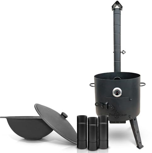 Hierro fundido Kazan 16 L Kazan Казан con horno de fuego Utschak Ø 44 cm piso plano termómetro tubo de extensión Учак Учаг Uchag Asia (Set 1)