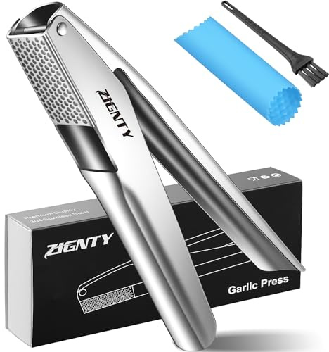 ZIGNTY Garlic Press Stainless Steel，Professional Garlic Mincer Tool No Need to Peel，Dual Lever-Assisted Garlic Masher with Large Chamber，High Effective Garlic Crusher & Garlic Presser Dishwasher Safe