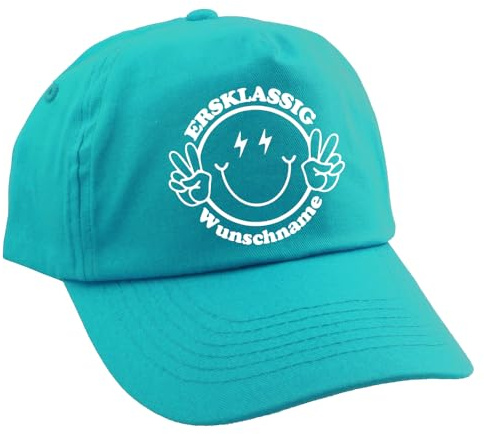 Elefantasie Personalisierte Cap für Kinder Baseball Kappe mit Name Bedruckt für Schulkinder Geschenk zur Einschulung ERSTKLASSIG Türkis
