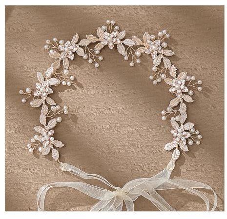 LEMOXIVI Hochzeitshaarschmuck für Braut, Blumen-Blatt, Braut-Stirnband, Perlen-Haarschmuck für Blumenmädchen, Brautjungfer, Gold