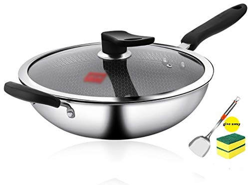 OQHAIR Wok per induzione Acciaio Inox 304 Wok Wok Padella Antiaderente Non Rivestita Fornelli a Gas Piano Cottura a induzione Pentola Speciale
