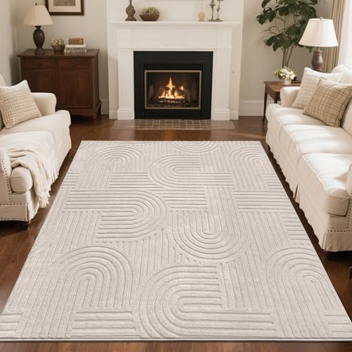 SHACOS Soft Cozy Fluffy Arch Pattern High-Low Pile Textured Area Rug 5'3x7'3 Non Slip Washable Modern Geometric Rug Stain Resistant Contemporary Carpet for Living Room Bedroom Dining Room, Beige