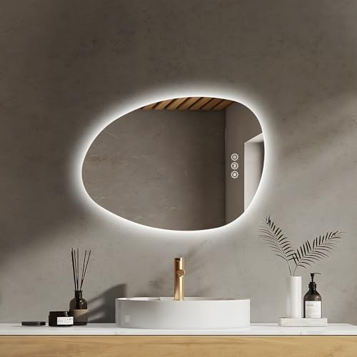 EMKE Badezimmerspiegel mit Beleuchtung Asymmetrischer LED Spiegel 65 x 45 cm Touch-Schalter, 3 Lichtfarben Dimmbar, Beschlagfrei Badspiegel mit Beleuchtung IP44 Energiesparend