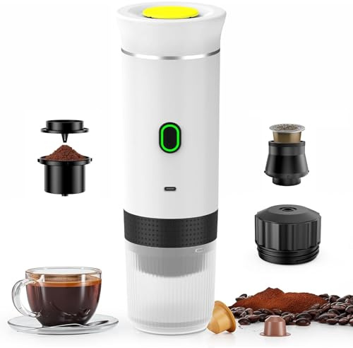 NCONCO Macchina per caffè espresso portatile da viaggio, macchina da caffè elettrica per auto, 12 V, autoriscaldante con USB C, per auto e casa, macchina da caffè 3 in 1 (bianco)