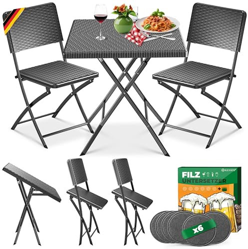 KESSER® Set da bistrò 3 pezzi, tavolo con 2 sedie, resistente alle intemperie e raggi UV, set pieghevole, in acciaio rivestito e effetto rattan