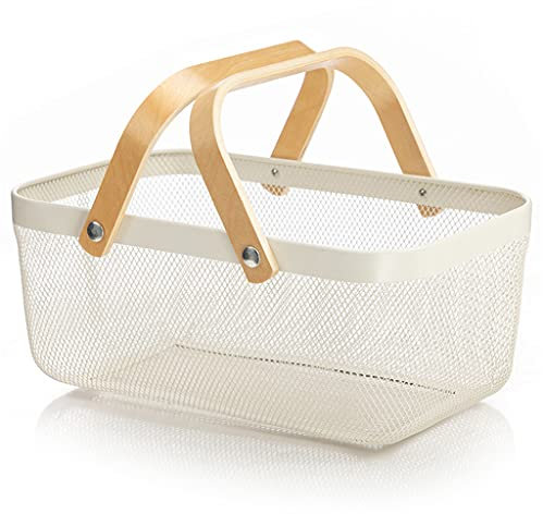 jiingekk Organisateur de rangement, corbeille à fruits en métal avec double poignée en bois de rangement de cuisine – Blanc