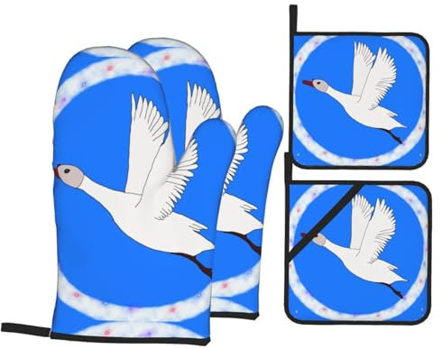 Ofenhandschuhe Und Topflappen-Set Fliegende Weiße Gans Muster Neuheit Kochhandschuhe Hitzebeständig Backhandschuhe Für Kitchen Kochen Küche Zubehör,4 Stck.
