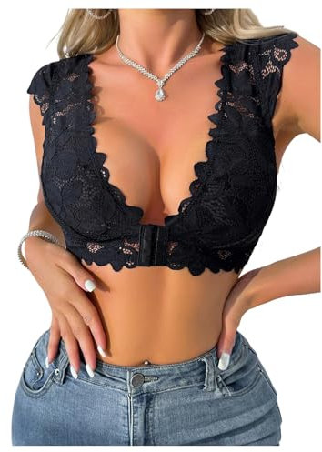 GORGLITTER Women's Deep V Neck Wireless Front Fastening Lace Bras Scalloped Backless Wirefree Sexy Lingerie Bralettes Black Large