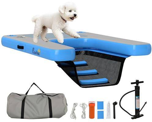 PawHut Rampa inflable de balsa para perros, plataforma flotante para deportes acuáticos con superficie antideslizante, escalera flotante para piscina, lago, barco, azul y gris