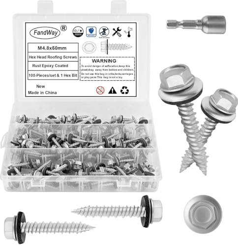 FandWay 100 Stück Trapezblechschrauben Selbstbohrende Blechschrauben M4,8x50mm Spenglerschraube Selbstschneidende Bohrschrauben Sechskant Metalldachschrauben mit EPDM Unterlegscheiben und 1 Bit.