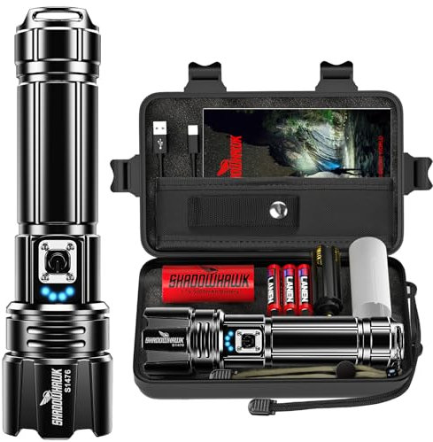 Shadowhawk Rechargeable Torch, 500000 Lumen Torches LED Super Bright, 5000mAh Long Lasting, Adjustable Focus, IP67 Waterproof, 5 Modes, Powerful Handheld Flashlight for Power Cuts, Camping, Emergency