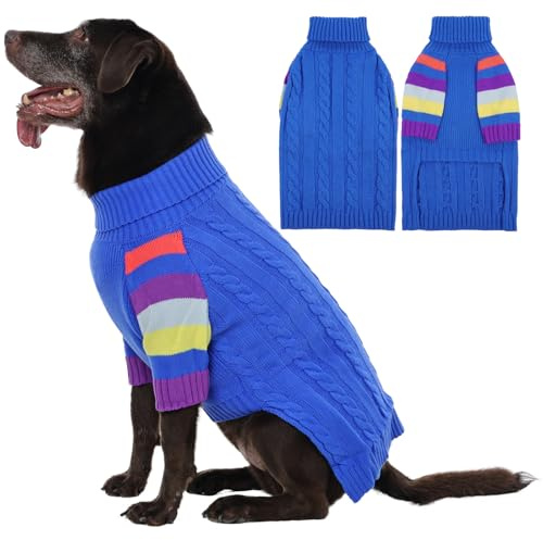OUOBOB Hundepullover für Mittelgroße Hunde, Dicker Kabelstrick Winterpullover mit Bauchöffnung, Elastischer Warmer Sweater für Boston Terrier & Französische Bulldogge, L Blue