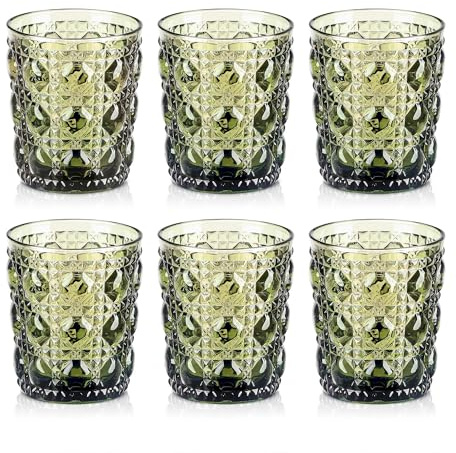 Joeyan Lot de 6 Vert Verres à Eau,320ml Verres à Jus et Soda,Moderne Verres à Boire Décoré en Gemmes Relief,Verre de Table Pour Eau Gazeuse Orangeade Limonade Apéritif et Bière, Lavable Lave-Vaisselle