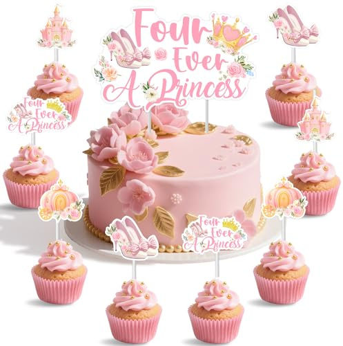 Sursurprise Four Ever a Princess Cake Toppers, 25PCS Princess 4th Birthday Cake Decorations, Castel Crown High Heels Carriage Cupcake Toppers, Princess 4 Years Old Birthday Party Supplies for Girls
