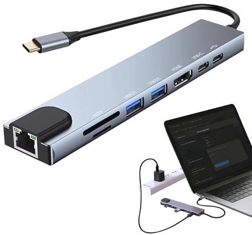 1Pc 8 In 1 Usb C Hub With Ethernet Adapter Multiport Convertor Usb C Multiport Adapter With 100W PD 4K HDMI USB 3 Type C Port SD TF Card Reader For MacBook Iphone Ipad Samsung Laptops