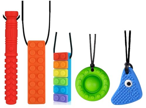 Chew Necklaces for Sensory Kids 5 Pcs Chewing Pendant Sensory Chewy Toys for Autism Girls and Boys, ADHD Toddler, Adult
