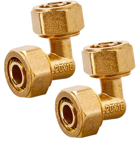 2 Stück Schraubfitting Winkel 90°, Messing Klemmverschraubung Ø12x2 mm auf Ø16x2 mm, DVGW, Messing Klemmringverschraubung für Aluverbundrohr und Mehrschichtverbundrohr, PEX-Rohre