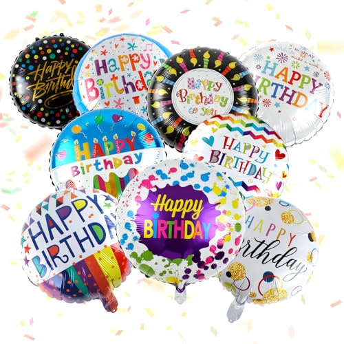 9 Stück Folienballons Geburtstag, Runde 18 Zoll Luftballon Geburtstag | Happy Birthday Folienballon mit ‘Happy Birthday’-Aufdruck, Geburtstagsballon für Kindergeburtstag & Erwachsene Party