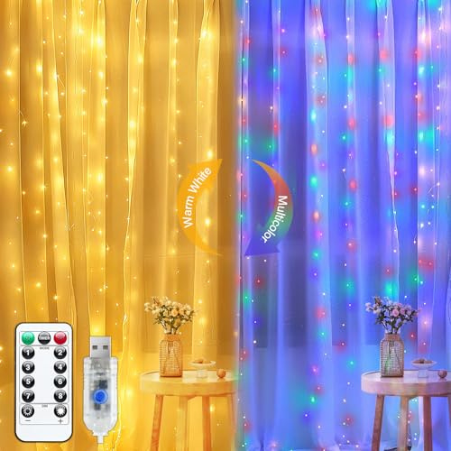 Lichtervorhang 3x3M 300LEDs, Warmweiß & Bunt Lichterkette mit Fernbedienung | USB Lichterketten Vorhang mit 8 Modi, Timer & Memory-Funktion, IP65 Wasserdicht für Innen Außen Weihnachten Hochzeit Party