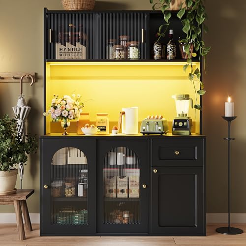 FammyLoft Küchenschrank mit Verstellbaren Ablagen, Buffetschrank mit LED-Beleuchtung, Hochschrank, Vitrinenschrank Küche, Esszimmerschrank, Vitrine, Schrank küche, 120 * 35 * 167cm, Schwarz