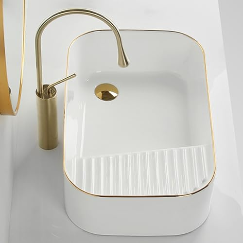 Lavabo Salle de Bain avec Planche à Laver en Céramique Vasque a Poser Modernes avec Robinet pour Toilettes et Balcons Evier Multifonction Plan de Travail Approfondi(50x38x16cm/19.7x15x6.3in)