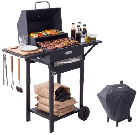 HOMAVO Barbacoa de Carbón, Parrilla con Tapa de Acero de 45×32 cm, Bandeja Ajustable en Altura, Mesa Lateral, Termómetro, Incluye Funda