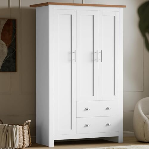 Blisswood 3 Door Wardrobe, MDF Wooden Bedroom Wardrobe with Hanging Rail, Modern Large Storage Cupboard Organiser with 4 Shelves and 2 Drawers, Triple Wardrobe for Bedroom Furniture (White & Oak)